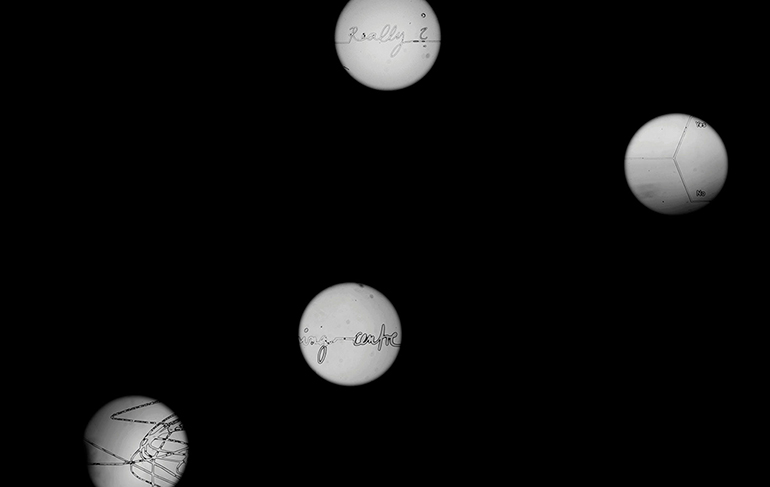 Microfluidic Oracle Chip, microscope view, installation details © Agnes Meyer-Brandis, VG Bildkunst, 2019